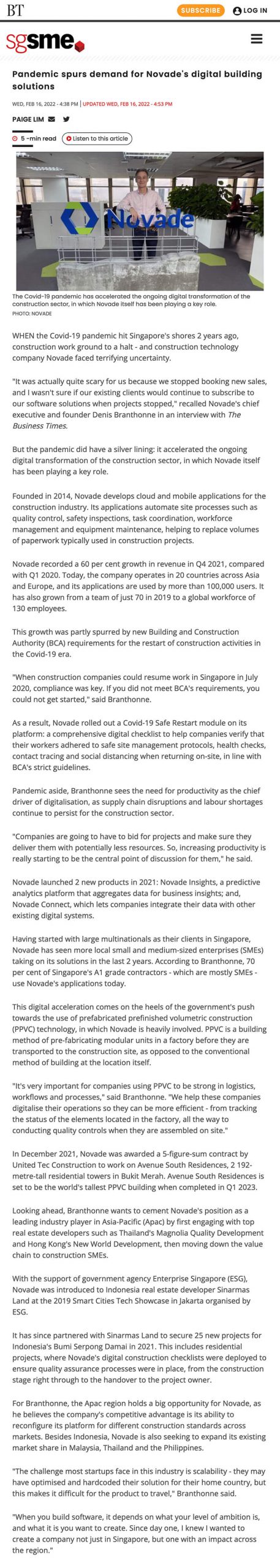 220221 Business Times SG Novade full article digital transformation in construction industry
