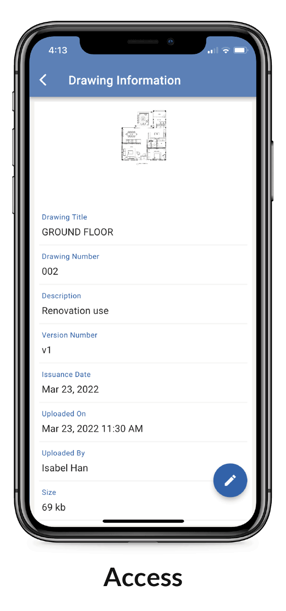 Mobile interface showing construction document management app with task organisation tools