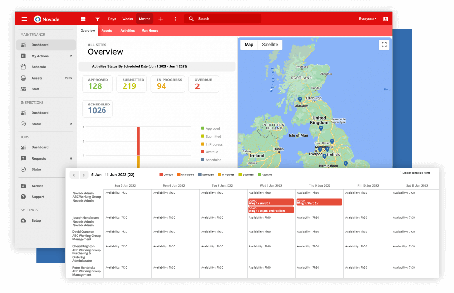 healthcare-facility-management-schedule-maintenance-screenshots Novade Lite screens track progress français