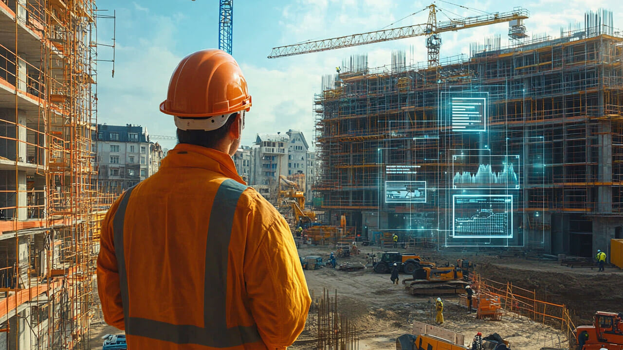 Construction worker using AI-powered software on site for project management