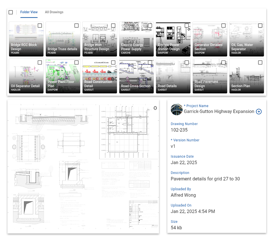 Interface showing organised digital construction documents and blueprints for team coordination